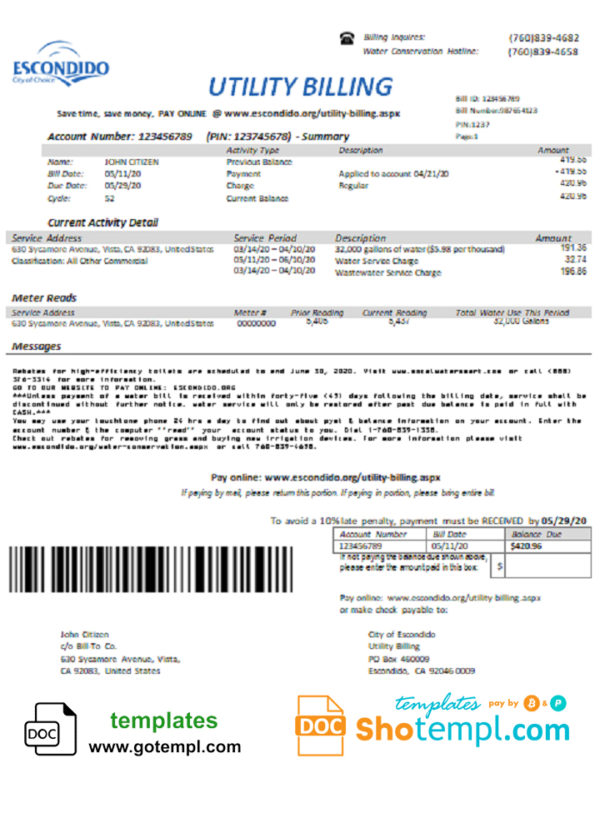 editable template, USA California Escondido City of Choice utility bill template in Word and PDF format