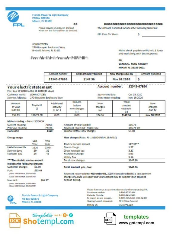 editable template, USA Florida Power & Light Company (FPL) electricity utility bill template in Word and PDF format