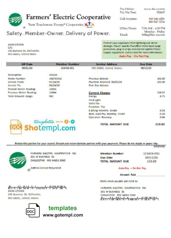 editable template, USA Ohio Farmer's Electric Cooperative utility bill template in Word an PDF format