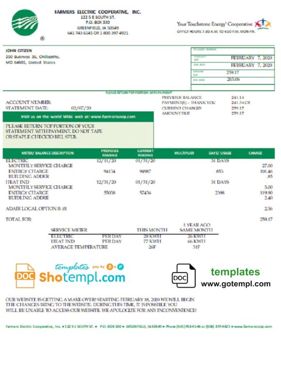 editable template, USA Ohio Farmers Electric Cooperative utility bill template in Word and PDF format (version 2)