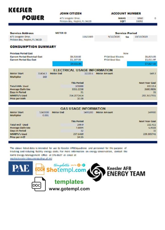 editable template, USA Mississippi Keesler AFB Energy utility bill template in Word and PDF format