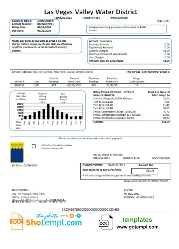 editable template, USA Las Vegas Valley Water District (LVVWD) utility bill template in Word and PDF format