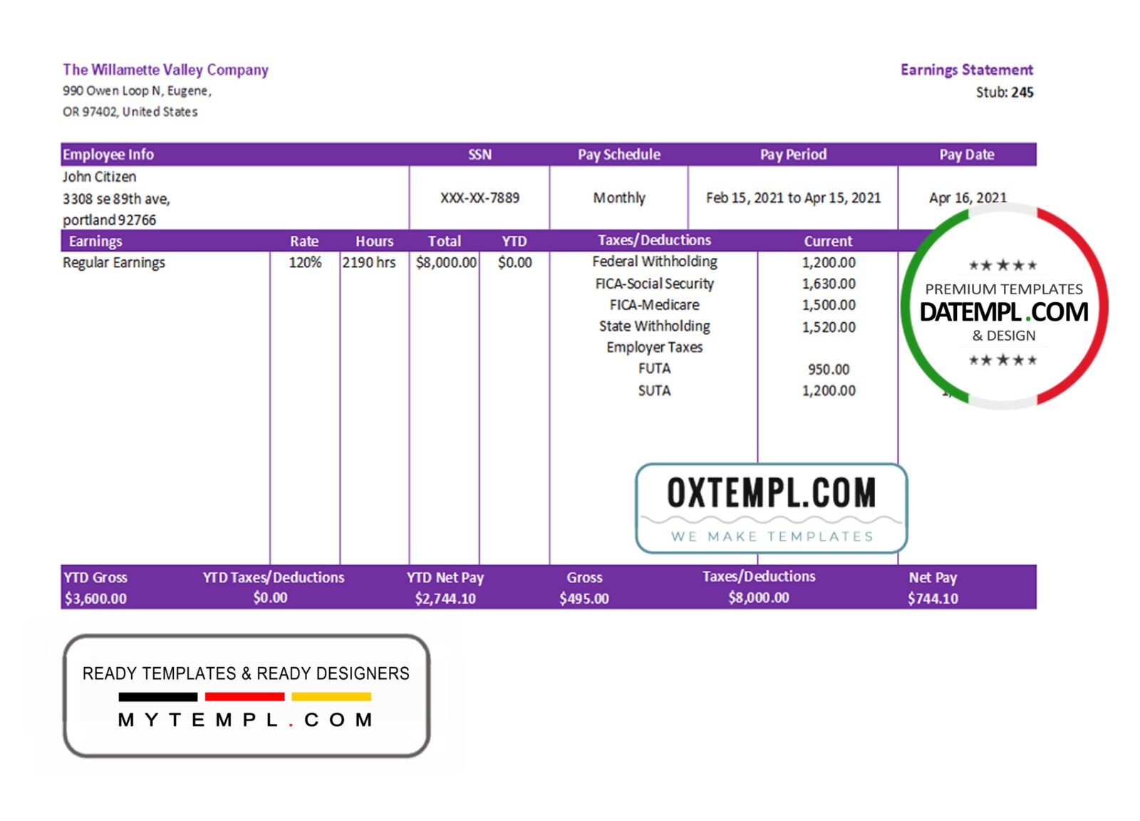 USA OR pay stub template in Excel an PDF format