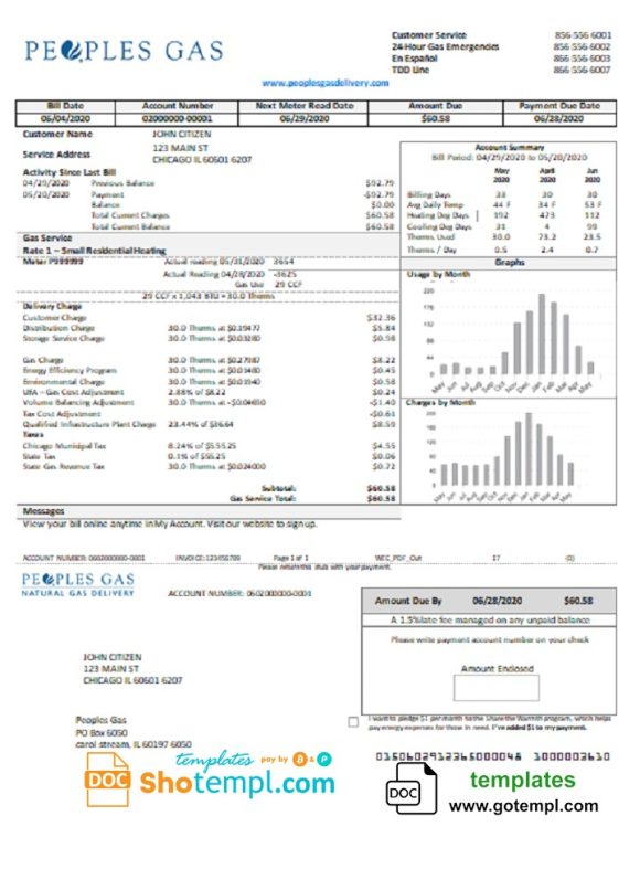 editable template, USA Illinois Peoples Gas utility bill template in Word and PDF format