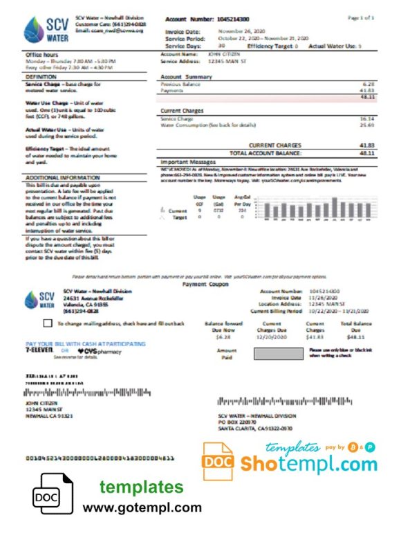 editable template, USA California Santa Clarita SCV Water utility bill template in Word and PDF format