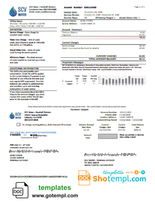 editable template, USA California Santa Clarita SCV Water utility bill template in Word and PDF format