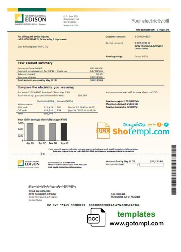 editable template, USA Southern California Edison utility bill template in Word and PDF format
