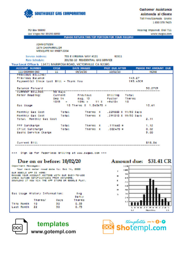 editable template, USA Nevada Southwest gas Corporation utility bill template in Word and PDF format