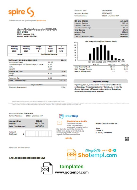 editable template, USA Spire gas utility bill template in Word and PDF format