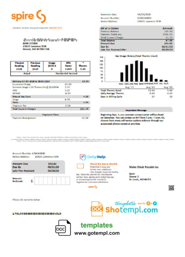 editable template, USA Spire gas utility bill template in Word and PDF format