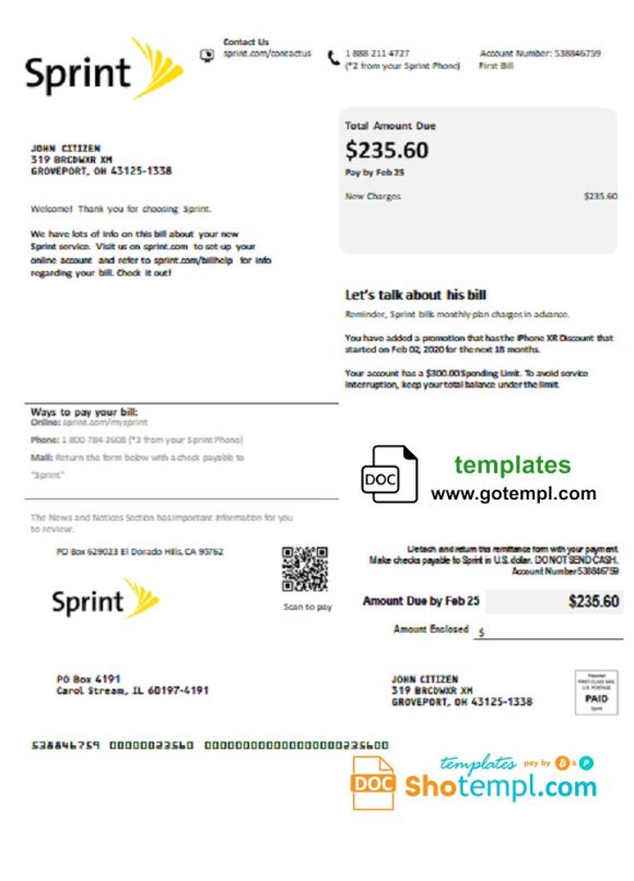 editable template, USA Sprint (T-Mobile) utility bill template in Word and PDF format