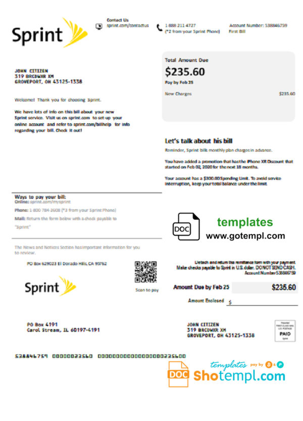 editable template, USA Sprint (T-Mobile) utility bill template in Word and PDF format