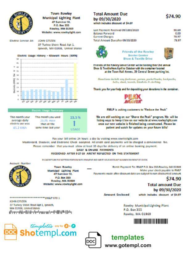 editable template, USA Massachusetts Town of Rowley Municipal Lighting Plant electricity utility bill template in Word and PDF format