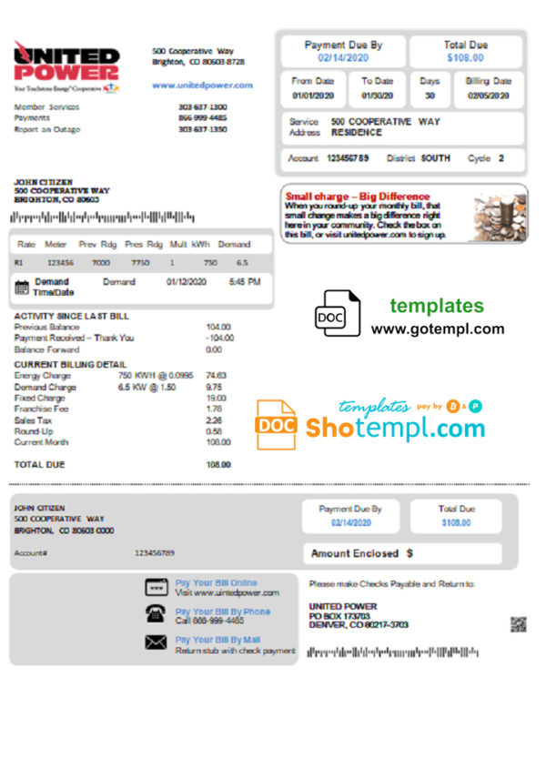 editable template, USA Colorado United Power utility bill template in Word and PDF format