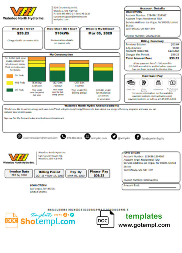 editable template, USA Nevada Waterloo North Hydro utility bill template in Word and PDF format (version 2)