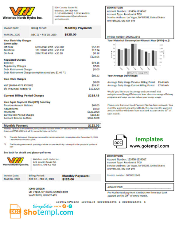 editable template, USA Nevada Waterloo North Hydro utility bill template in Word and PDF format