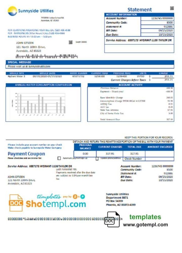 editable template, USA Washington Sunnyside Utilities water utility bill template in Word and PDF format
