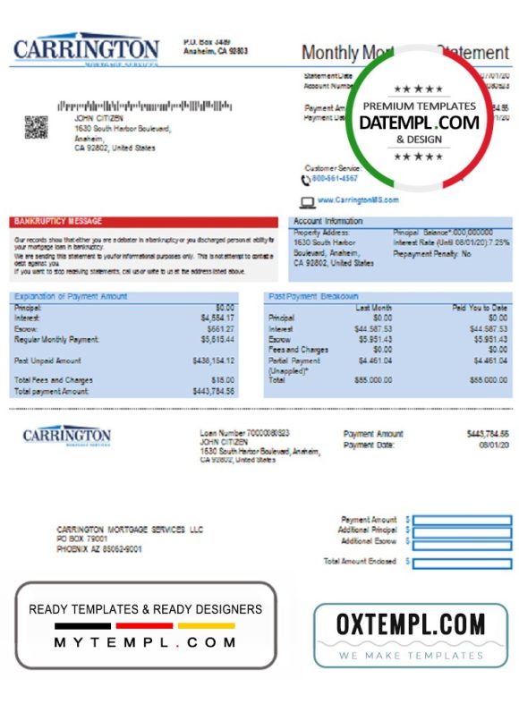 editable template, USA Carrington Mortgage Services bank statement template in Word and PDF format