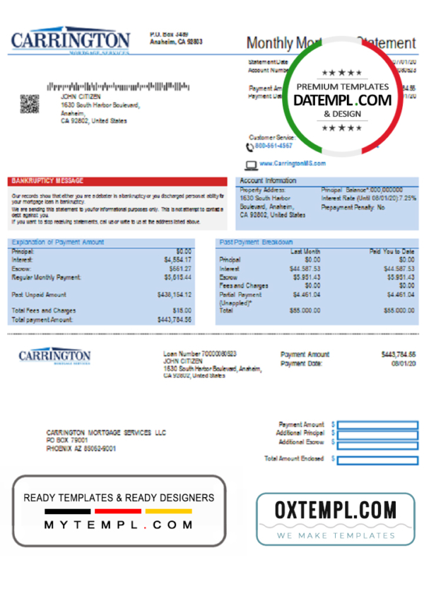 editable template, USA Carrington Mortgage Services bank statement template in Word and PDF format