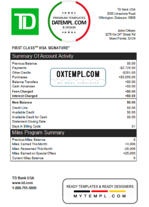 USA TD bank credit card statement template in Word and PDF format