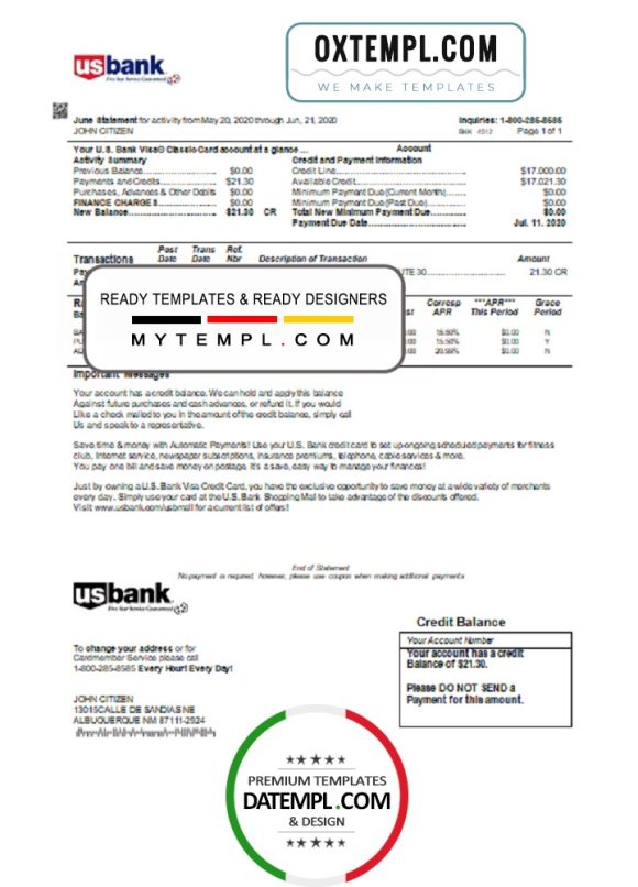 editable template, USA U.S. bank credit card statement template in Word and PDF format
