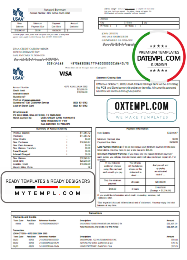 editable template, USA USAA bank Credit card statement template in Word and PDF format