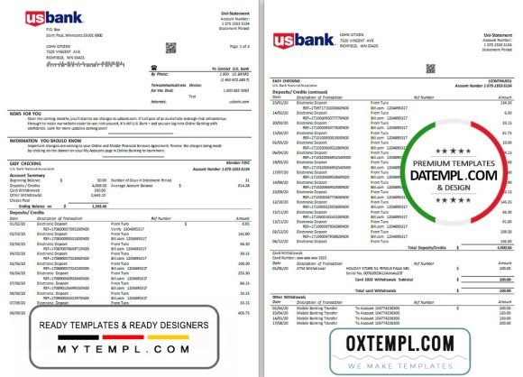 editable template, USA U.S. bank statement template in Word and PDF format (3 pages)