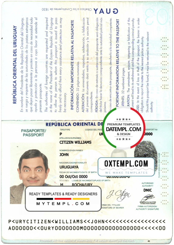 editable template, Uruguay passport template in PSD format, fully editable, with all fonts