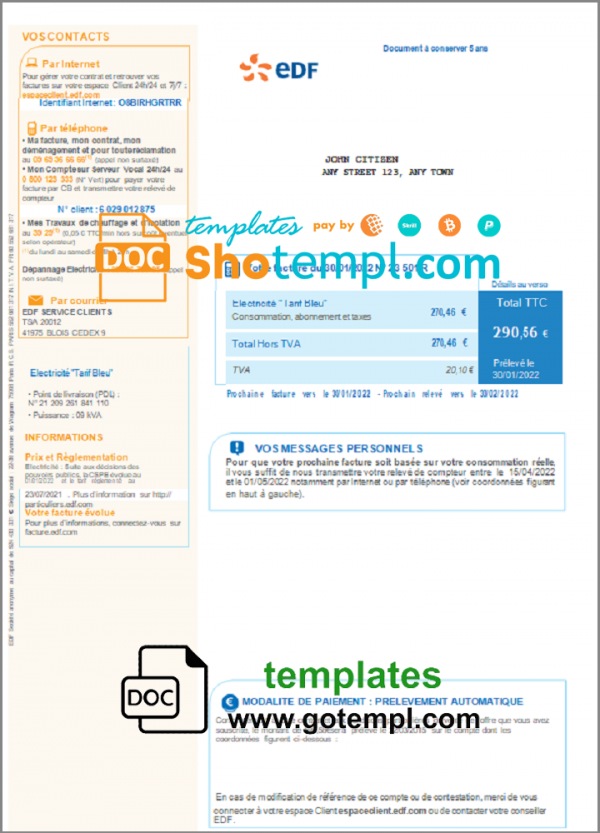 editable template, France electricity EDF utility bill template Word and PDF format, good for address prove
