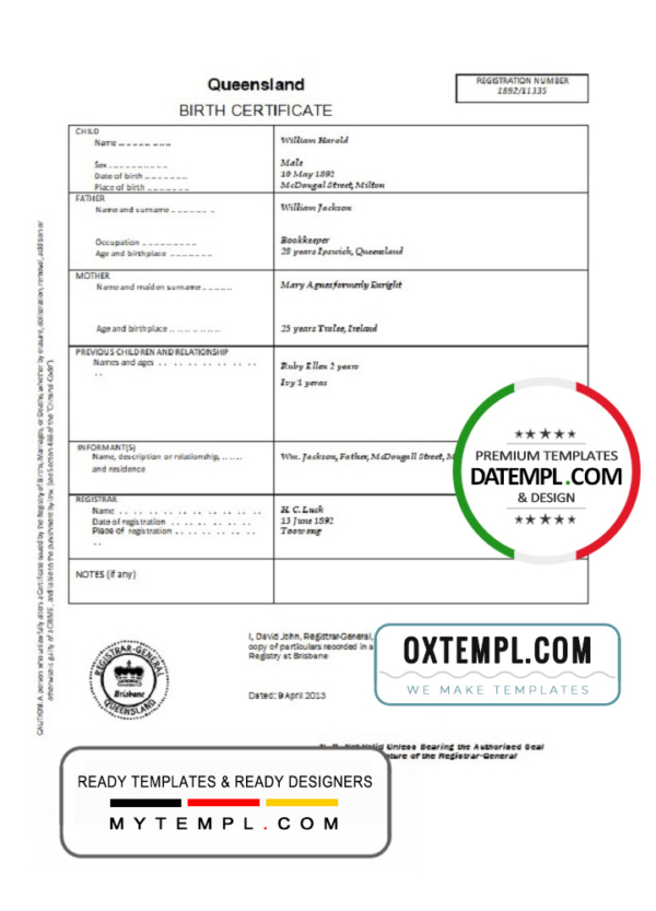 editable template, Australia Queensland birth certificate template in Word format
