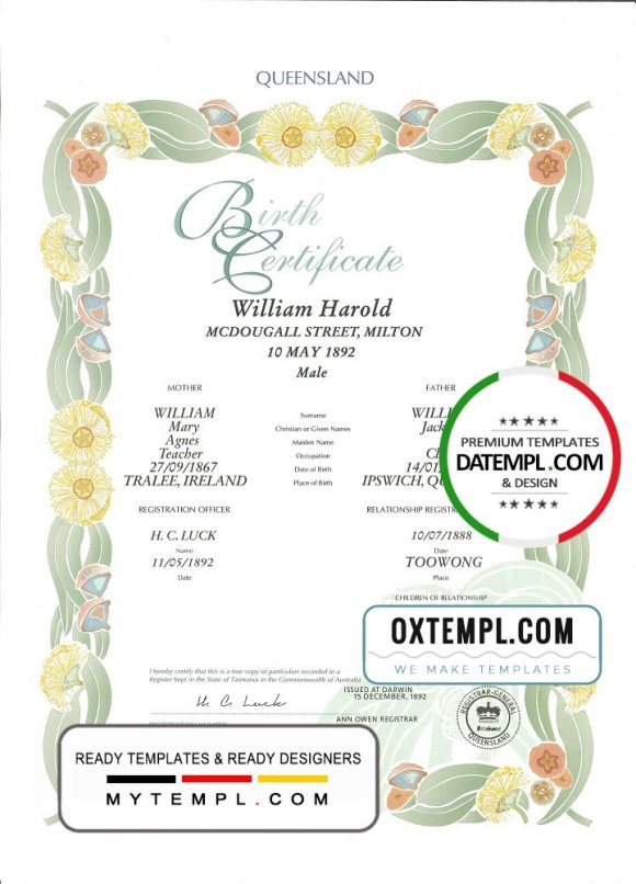 editable template, Australia Queensland decorative (commemorative) birth certificate template in PSD format, fully editable