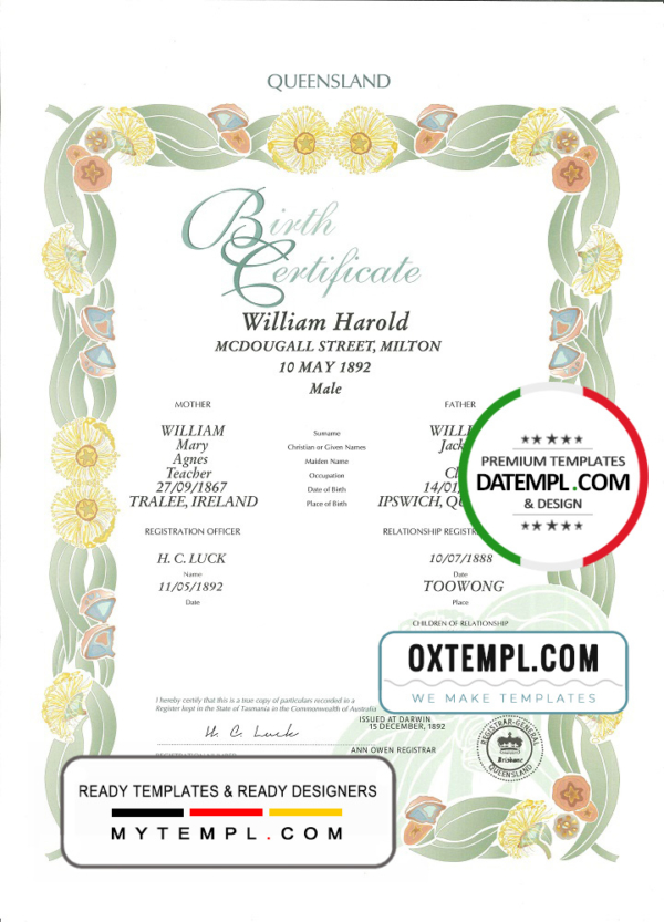 editable template, Australia Queensland decorative (commemorative) birth certificate template in PSD format, fully editable