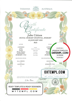 editable template, Australia Tasmania decorative (commemorative) birth certificate template in PSD format, fully editable