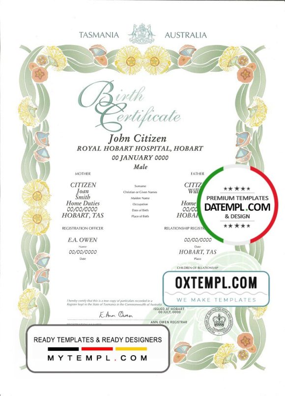 editable template, Australia Tasmania decorative (commemorative) birth certificate template in PSD format, fully editable
