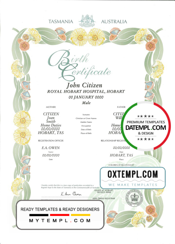 editable template, Australia Tasmania decorative (commemorative) birth certificate template in PSD format, fully editable