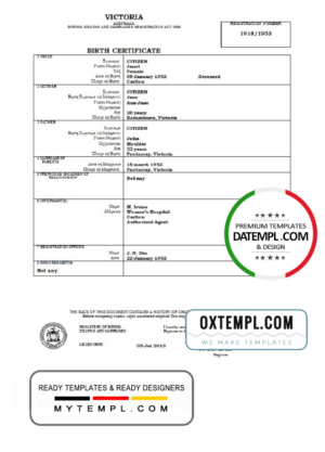 editable template, Australia Victoria birth certificate template in Word format, version 1