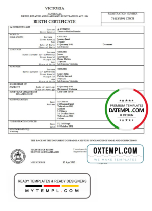 editable template, Australia Victoria birth certificate template in Word format, version 2