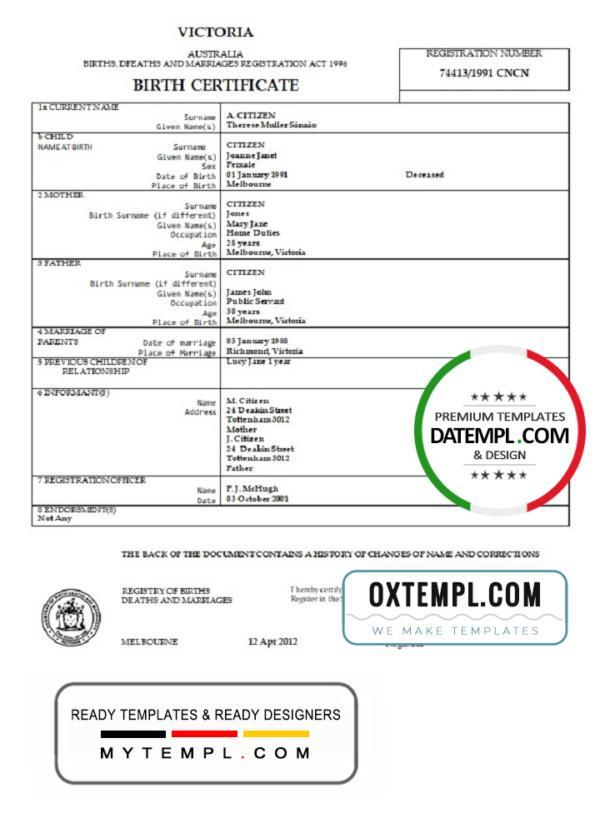 editable template, Australia Victoria birth certificate template in Word format, version 2
