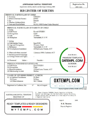 editable template, Australia Australian Capital Territory birth certificate template in Word format, version 1