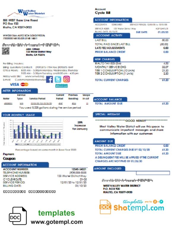 editable template, USA California West Valley Water District utility bill template in Word and PDF format
