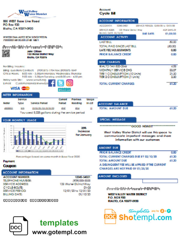 editable template, USA California West Valley Water District utility bill template in Word and PDF format