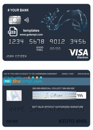 editable template, # action water universal multipurpose bank visa electron credit card template in PSD format, fully editable