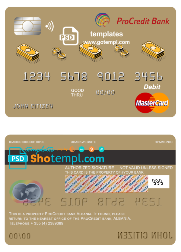 editable template, Albania ProCredit bank mastercard debit card template in PSD format, fully editable