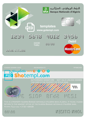 editable template, Algeria Banque nationale d’Algérie (BNA) bank mastercard debit card template in PSD format, fully editable