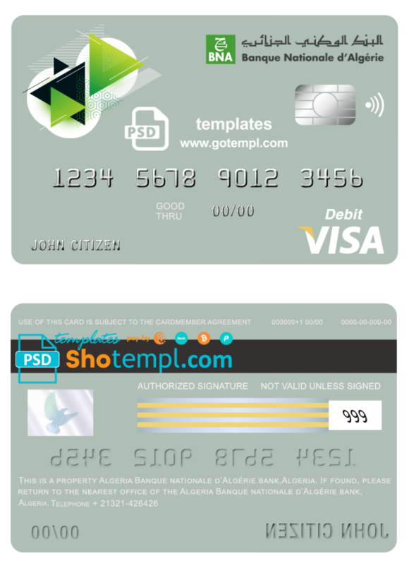 editable template, Algeria Banque nationale d’Algérie (BNA) bank visa card debit card template in PSD format, fully editable