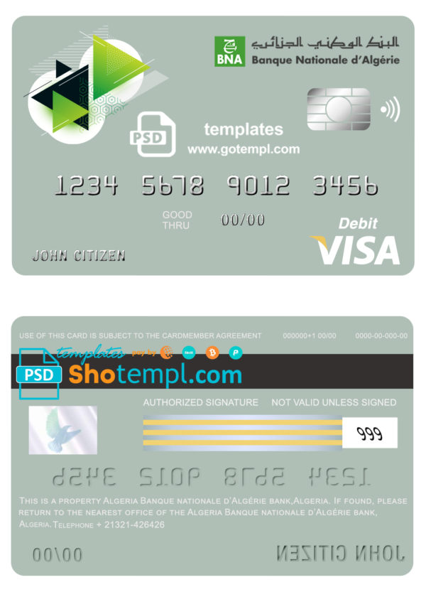 editable template, Algeria Banque nationale d’Algérie (BNA) bank visa card debit card template in PSD format, fully editable
