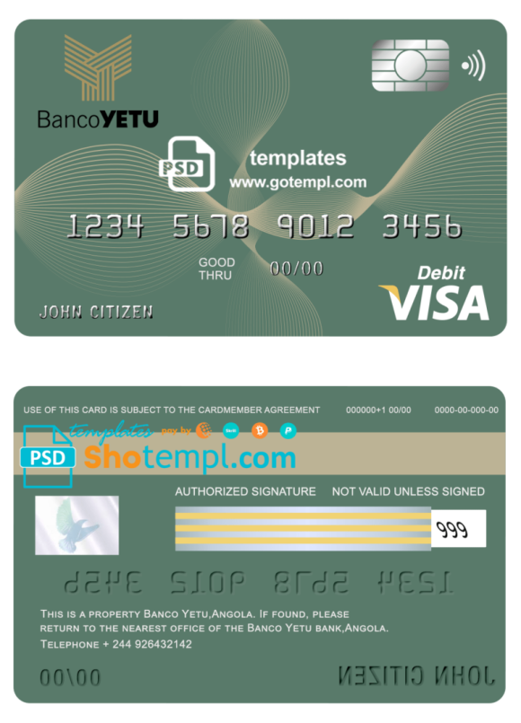 editable template, Angola Banco Yetu bank visa card debit card template in PSD format, fully editable