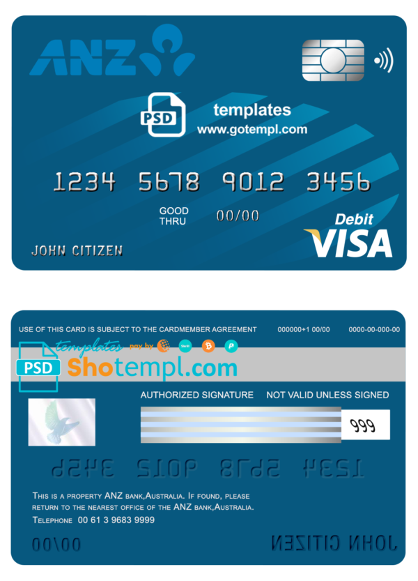 editable template, Australia ANZ bank visa card debit card template in PSD format, fully editable