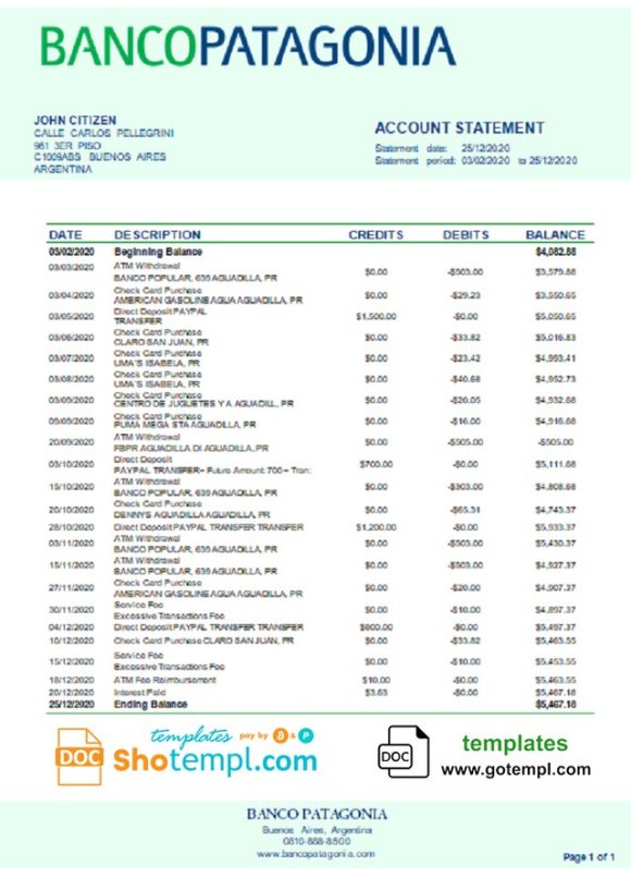 editable template, Argentina Banco Patagonia bank statement template in Word and PDF format
