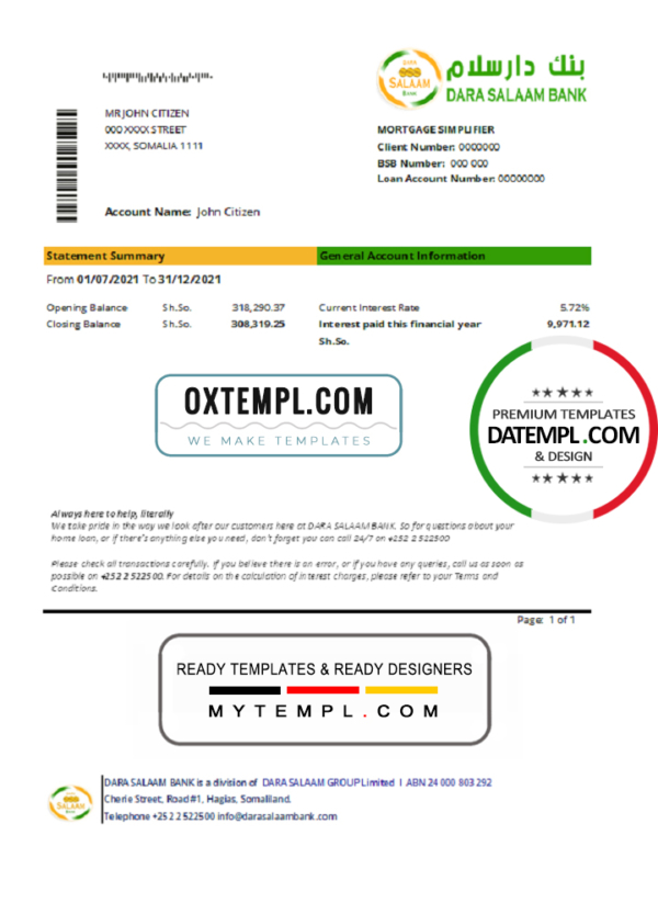 editable template, Somalia Dara Salaam Bank statement template in Excel and PDF format